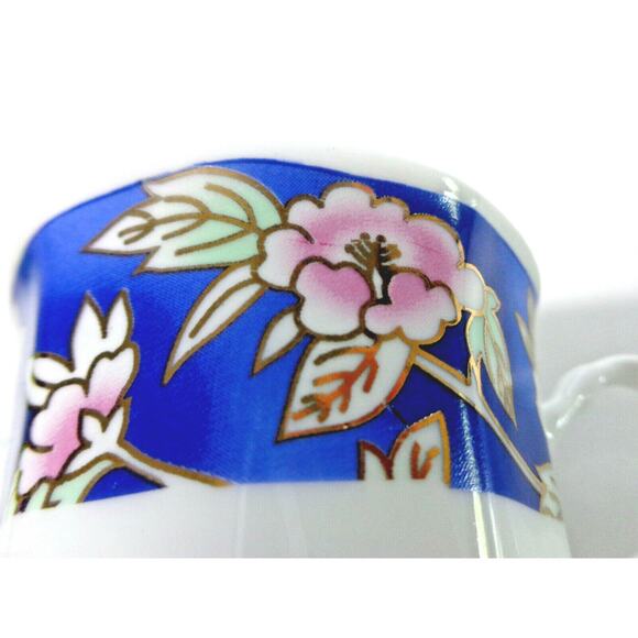 VTG Blue White 6oz DEMITASSE Espresso TEA CUP & SAUCER Pink Gold Floral TR Mark - Picture 7 of 8